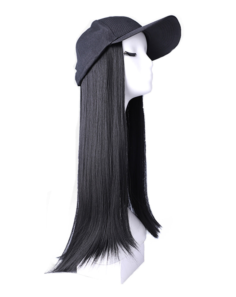 Hat Hair Extension Baseball Cap With Black Long Straight Synthetic Hair Attached Adjustable Wig Cap
