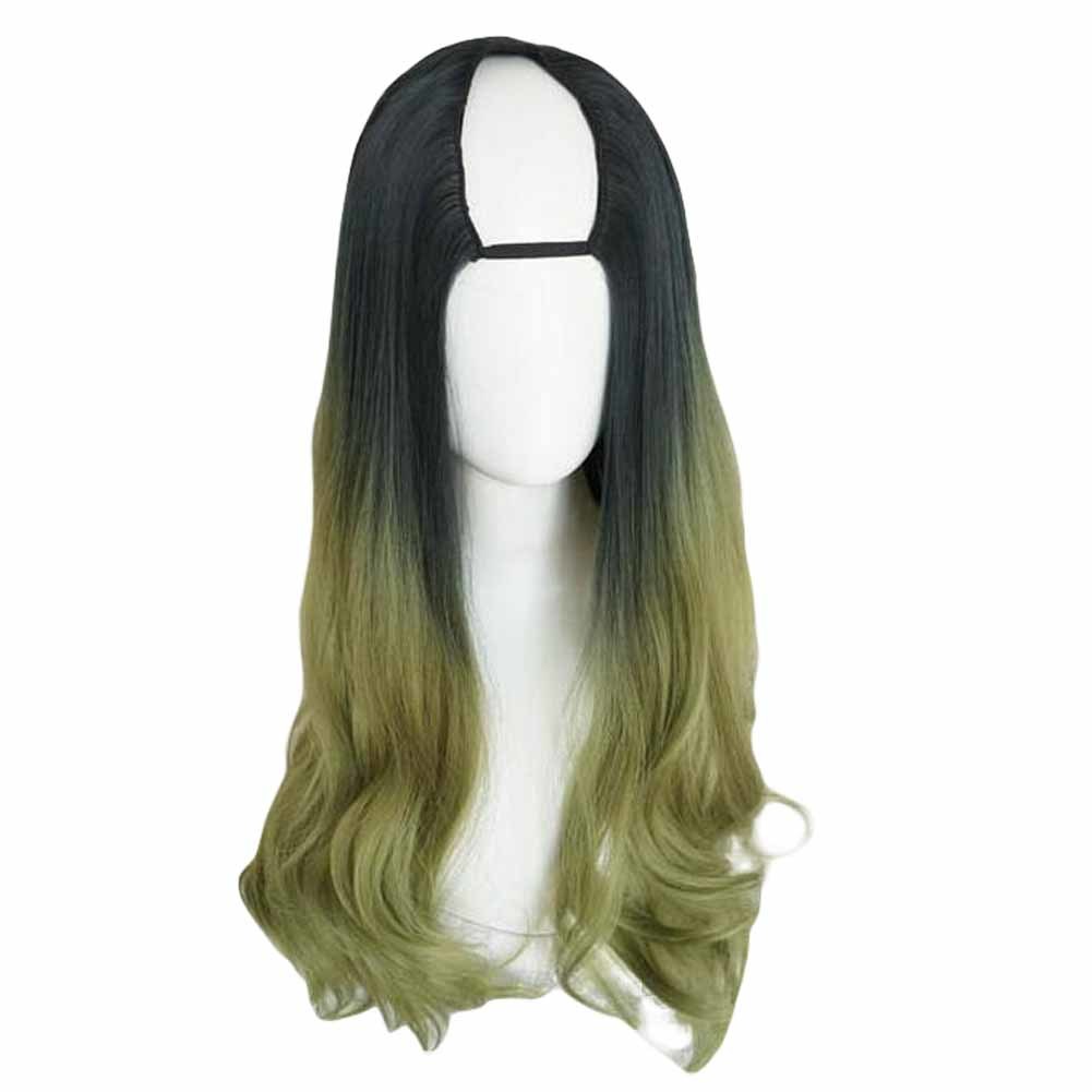 Verde Negro 65 cm en forma de U 2 tonos peluca de pelo largo y rizado peluca completa sintética Cosplay Halloween Dress Up