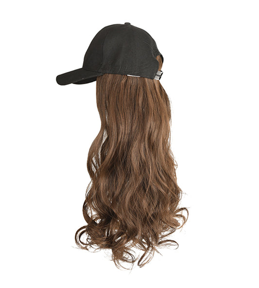 Baseball Cap with Light Brown Synthetic Long Wavy Hair Attached for Womens Adjustable Wig Cap
