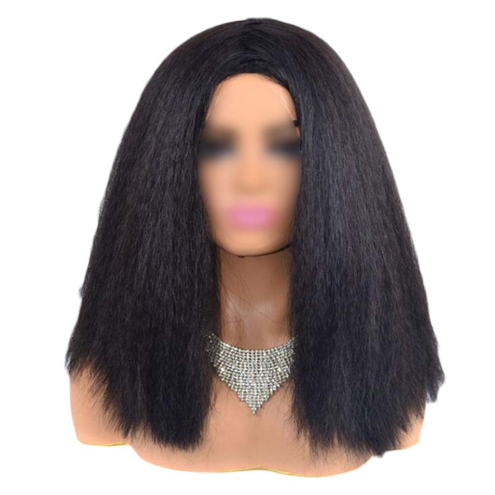 Black Brown Afro Straight Bob Wigs Fluffy Synthetic Hair Yaki Straight Curly Medium Part Bang Full Wigs, 14Inch