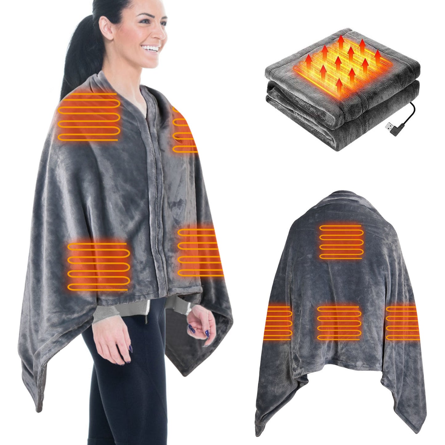 59 Plus 31in USB Heated Blanket Electric Heated Blanket Heated Poncho Shawl Wrap Throw with Zipper Washable for Home Office