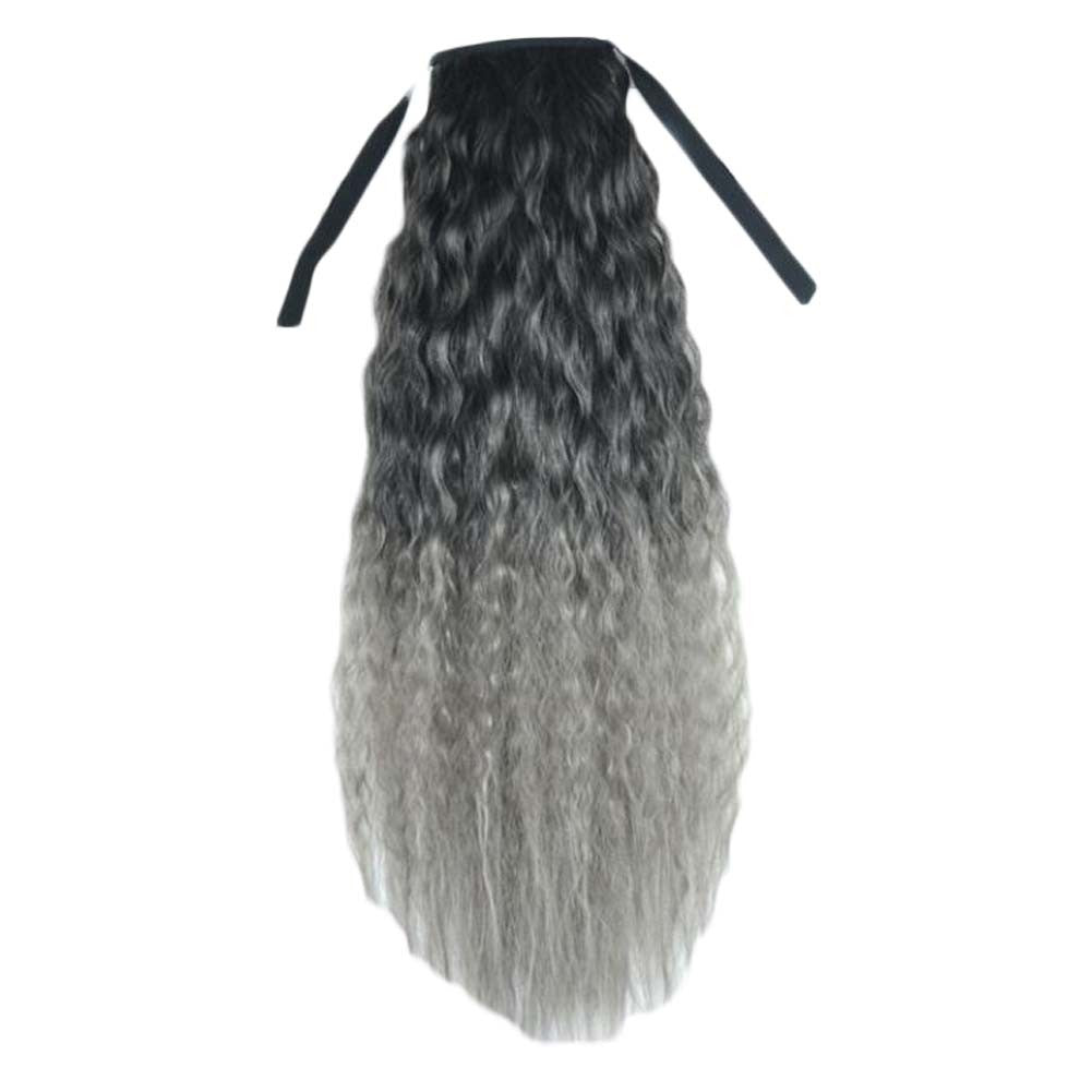 Wavy Curly Wrap Around Ponytail Wig Extension Woman Drawstring Synthetic Hair Extension Fluffy Hairpiece,Black to Grey Halloween Dress Up Cosplay