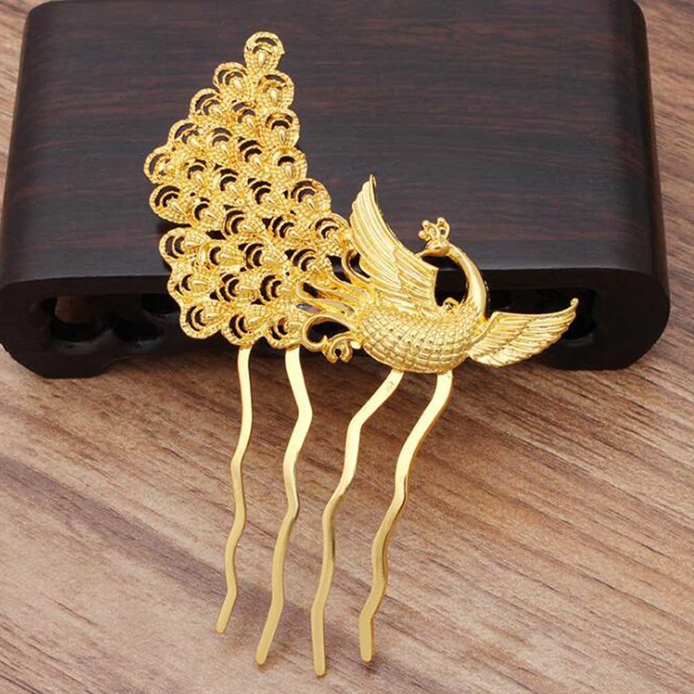 2 Pcs Golden Peacock Metal Side Comb Chinese Style Wedding Veil Hair Clip Comb Hanfu 4 Teeth Hairpin Updo Accessory Hair Pin
