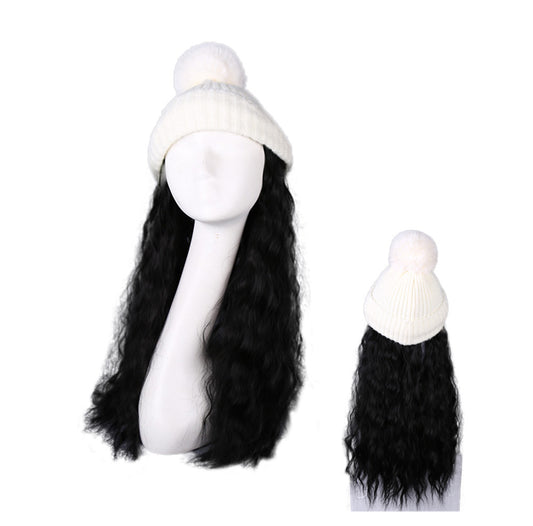 Womens Winter Knit Hat with Synthetic Long Curly Corn Wave Hair Attached, Natural Black Wig Cap