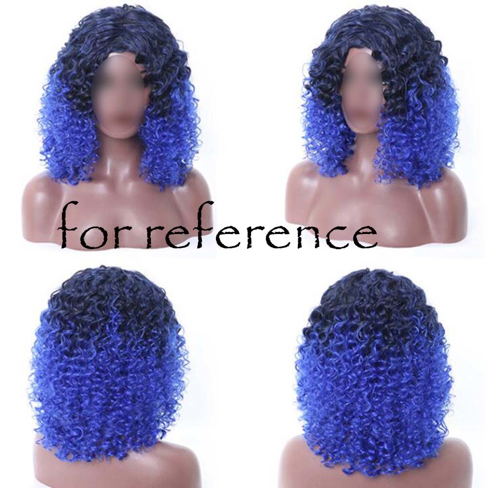 Black Blue Afro Hair Wig 2Tone Short Curly Fluffy Wigs with Bangs Synthetic Hair Full Wig,16 inch