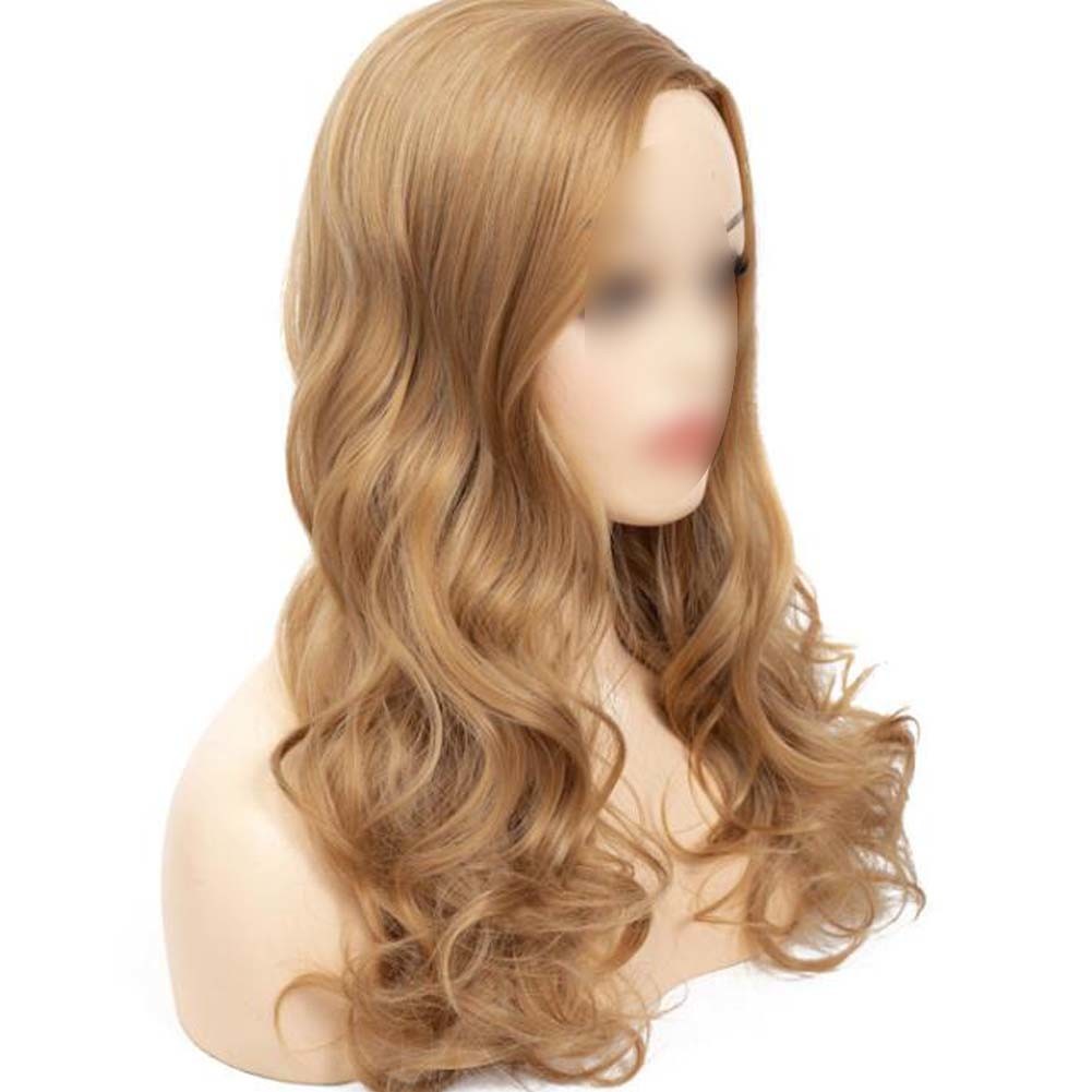Peluca de pelo dorado para mujer, parte media, flequillo, ondas grandes, pelo largo y rizado, peluca completa, 24 pulgadas