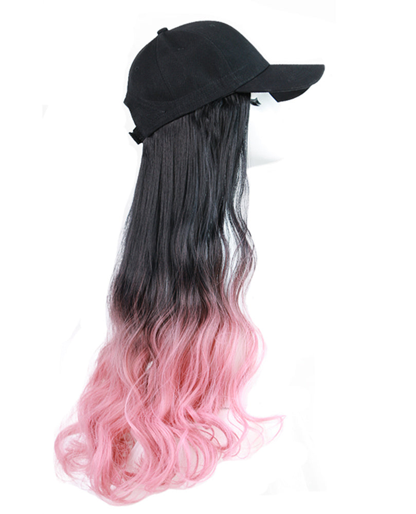 Black Baseball Cap with Pink Long Wavy Wig Mixed Color Synthetic Hair Extension Hat Wig Cap
