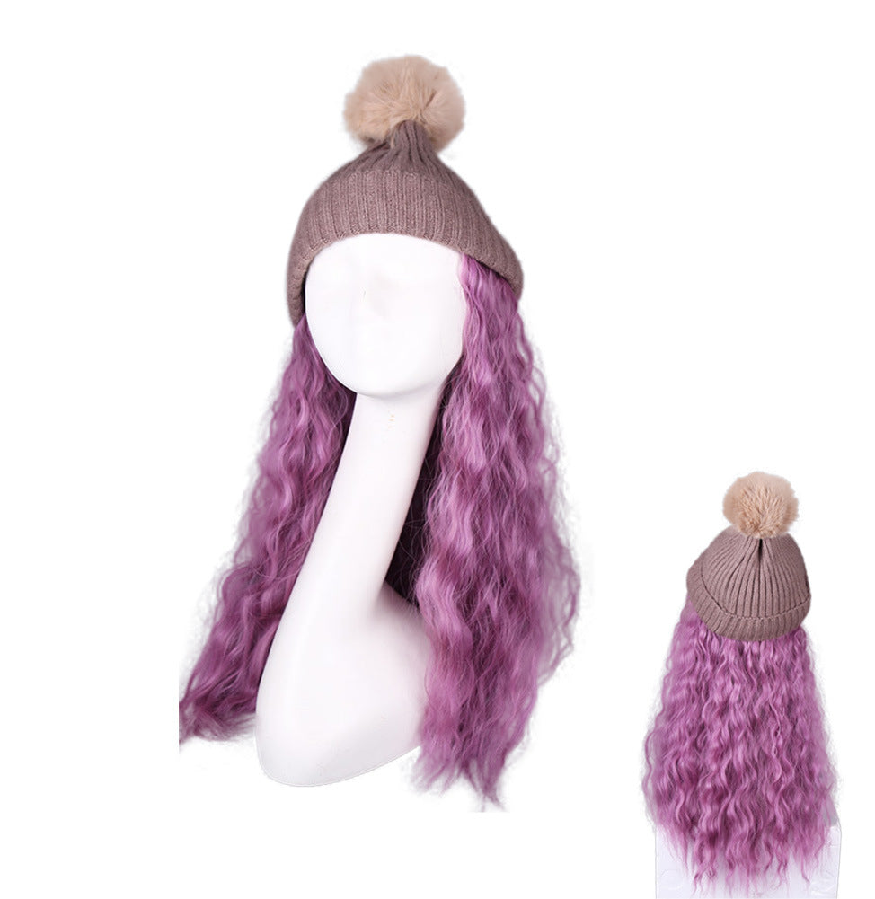 Womes Winter Pink Knit Hat with Grey Purple Synthetic Long Curly Corn Wave Hair Attached Wig Cap