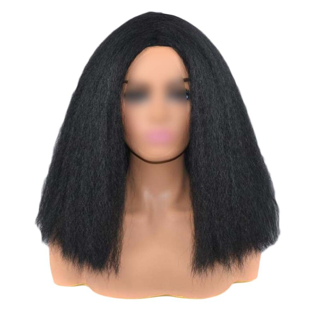 Black Afro Straight Bob Wigs Fluffy Synthetic Hair Yaki Straight Curly Medium Part Bang Full Wigs, 14Inch