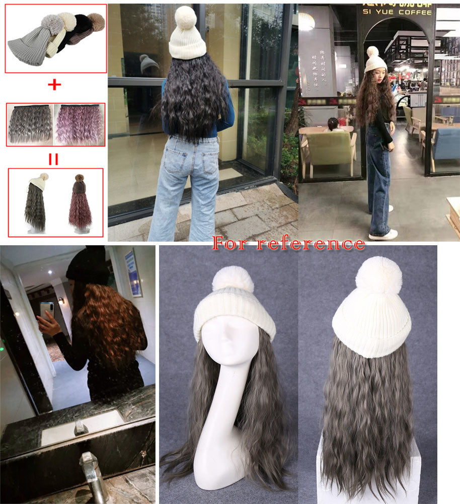 Womens Winter Knit Hat with Synthetic Long Curly Corn Wave Hair Attached, Ombre Grey Wig Cap