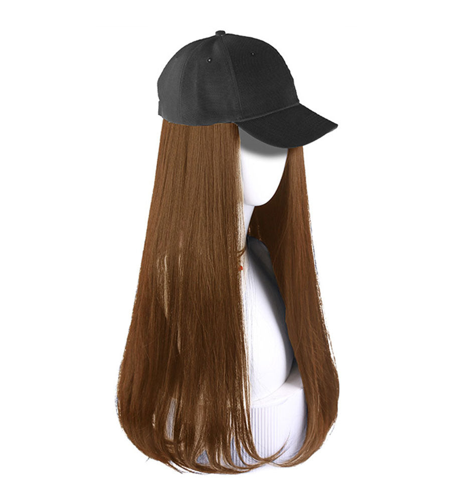 Womens Baseball Cap With Light Brown Long Hair Attached Synthetic Hair Extensions Wig Cap