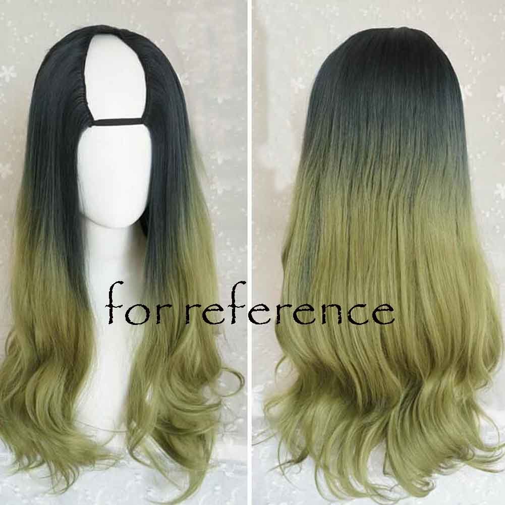 Green Black 65 cm U Shape 2 Tone Long Curly Hair Wig Synthetic Full Wig Cosplay Halloween Dress Up