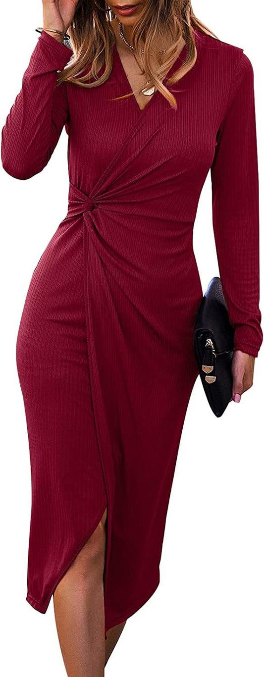 Women Casual Dresses V Neck Long Sleeve Twist Front Waist Ribbed Knit Bodycon Slit Dress Cocktail Party Midi Dress