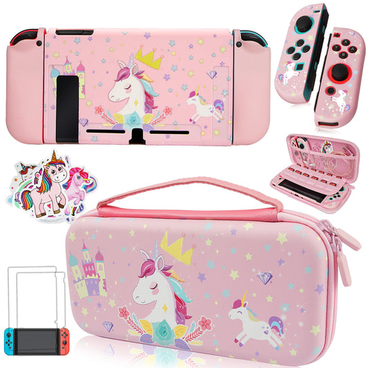 Pink Unicorn Carrying Case Compatible with Nintendo Switch (NOT OLED or LITE) with Dockable Protective Grip Case+Screen Protector+Unicorn Stickers, Hard Storage Case Accessories Kit for Girls Gifts