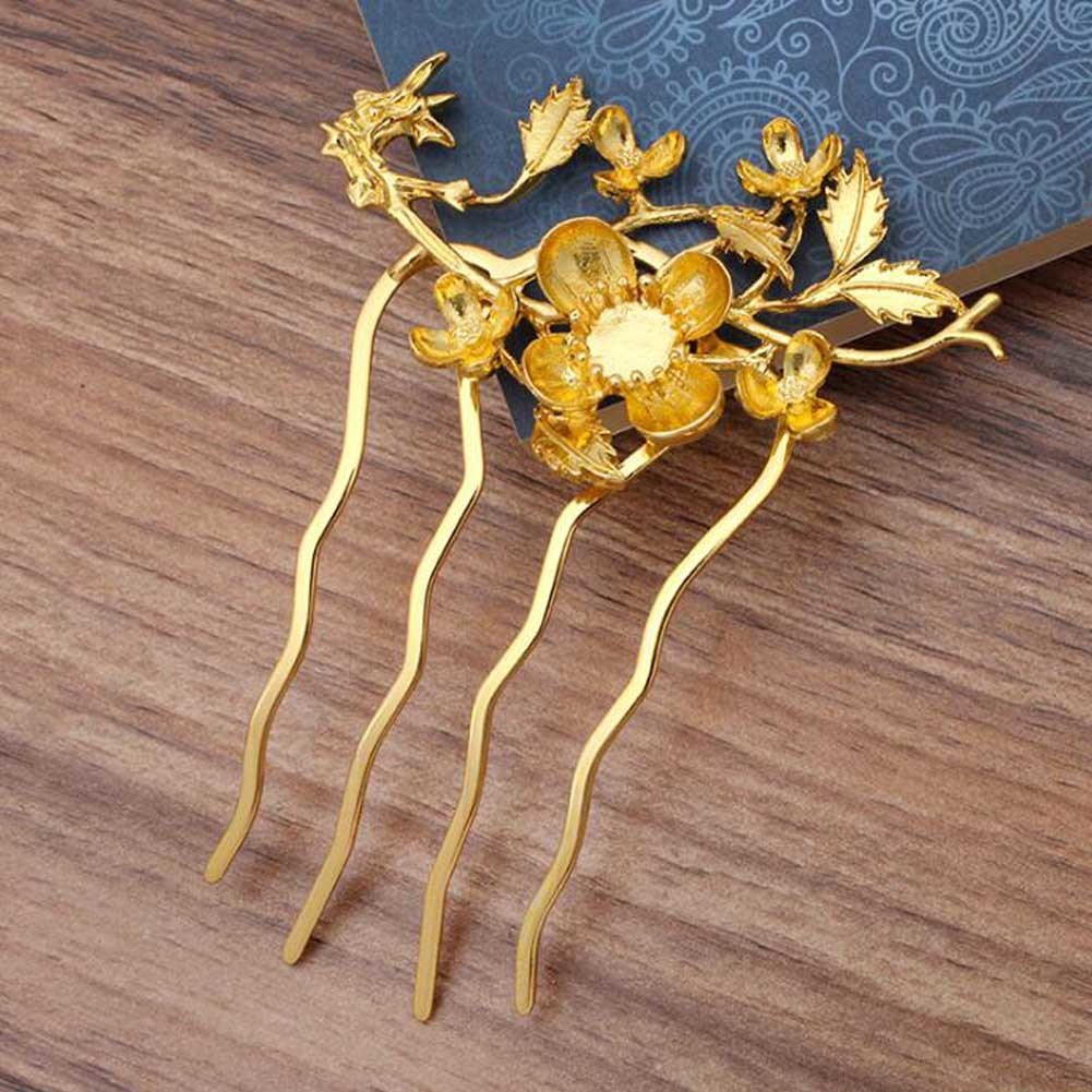 2 Pcs Golden Metal Side Comb Flower Leaves Chinese Style Wedding Veil Hair Clip Comb Hanfu 4 Teeth Hairpin Updo Accessory Hair Pin