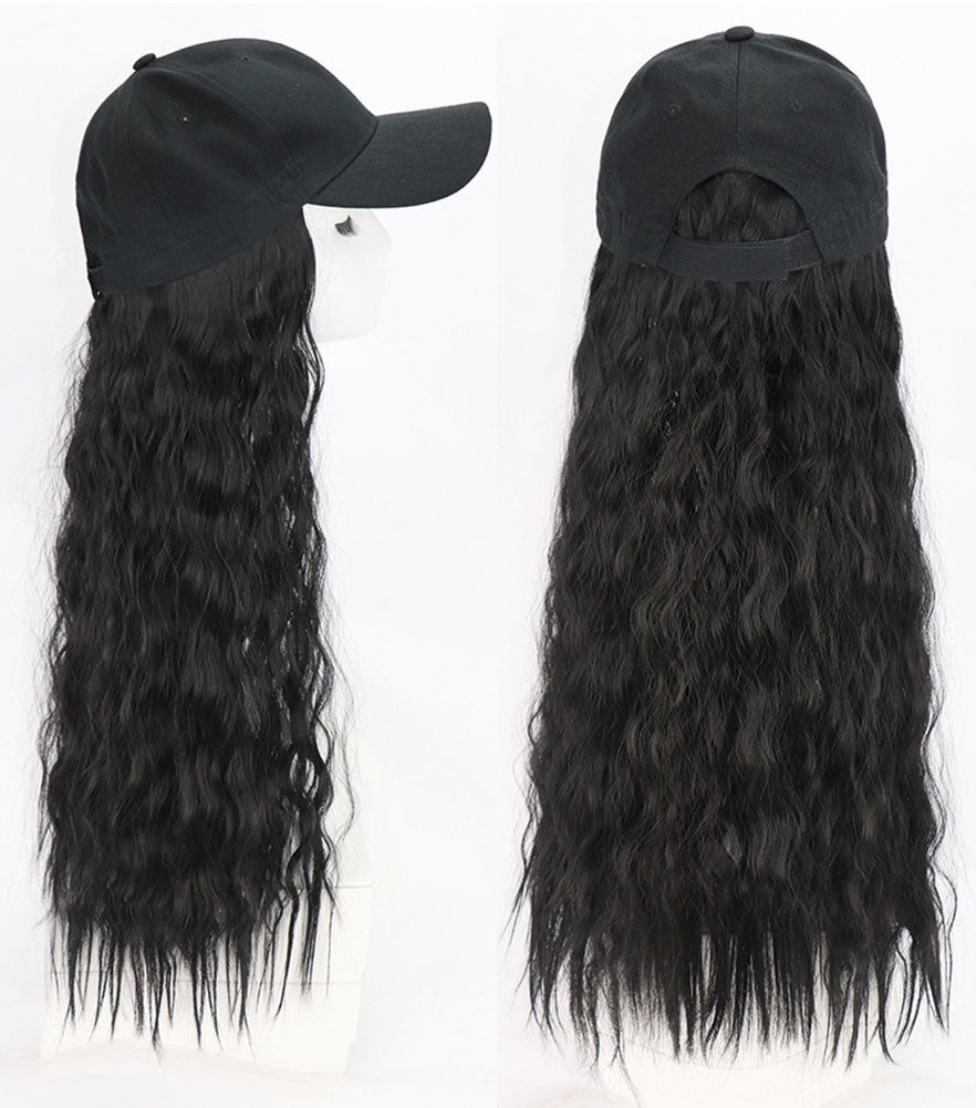 Synthetic Hair Extensions Long Curly Corn Wave Hair Attached With Baseball Cap, Nature Black Wig Cap