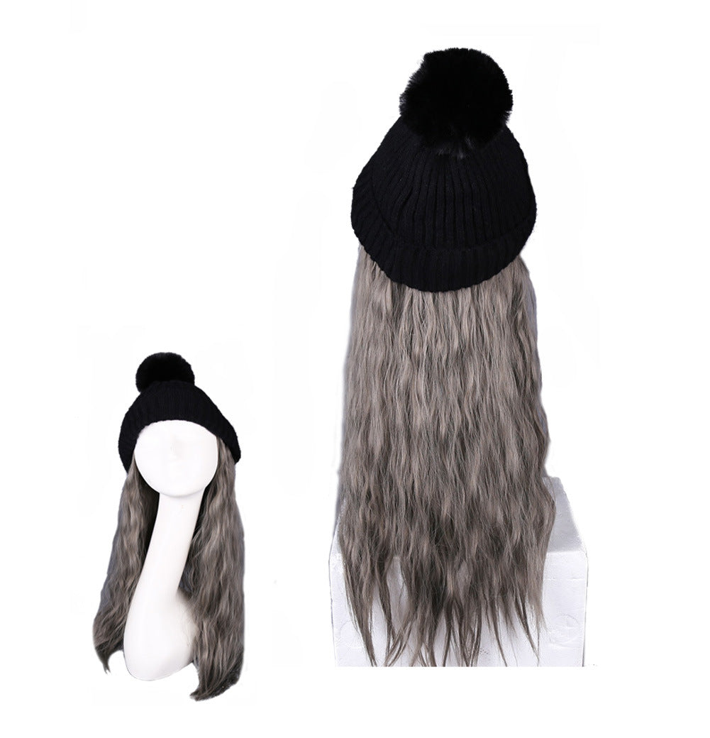 Womens Black Winter Knit Hat with Ombre Grey Synthetic Long Curly Corn Wave Hair Attached