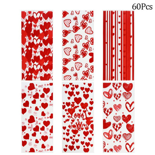 60pcs Valentine Cookie Gift Bags Love Heart Clear Plastic Candy Bags