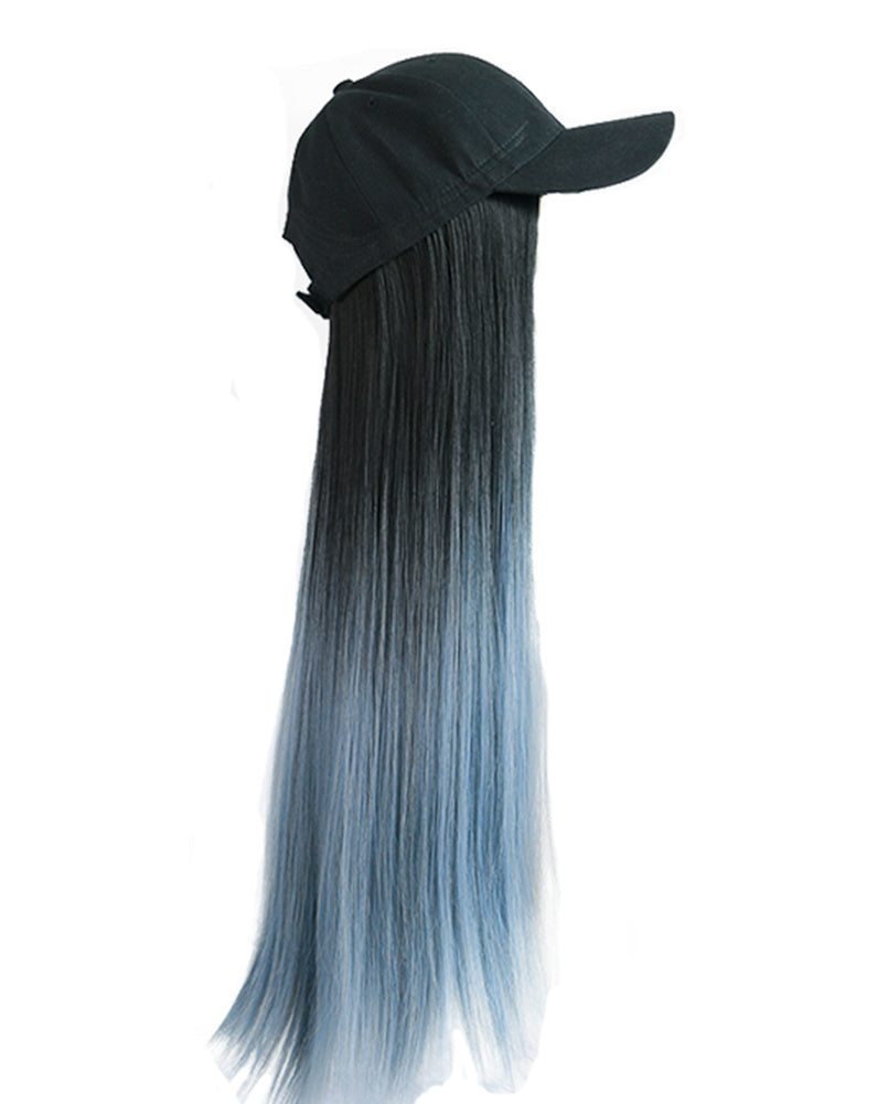 Black Baseball Cap with Grey Blue Long Straight Wig Mixed Color Synthetic Hair Extension Hat Wig Cap