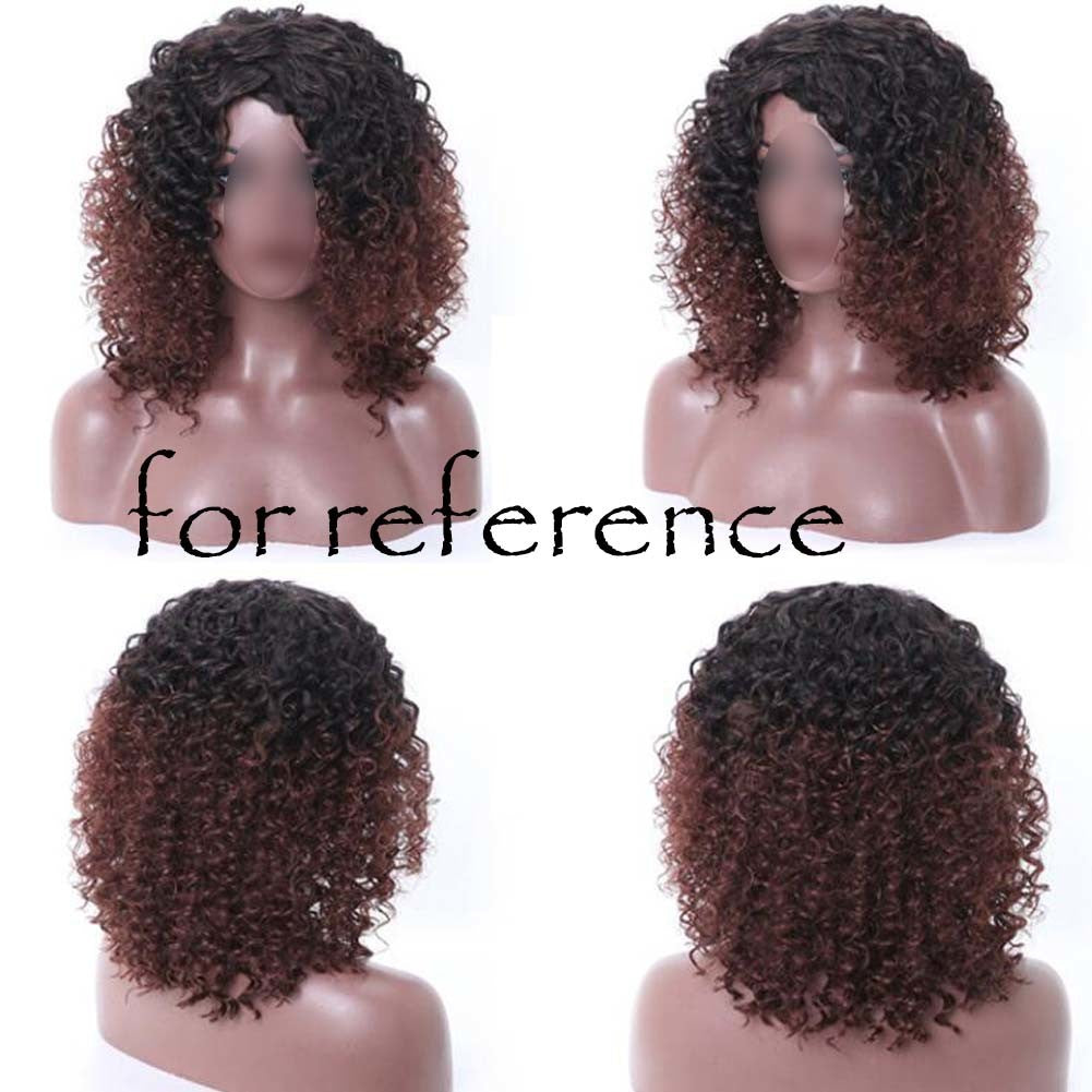 Black Brown Afro Hair Wig 2Tone Short Curly Fluffy Wigs with Bangs Synthetic Hair Full Wig,16 inch
