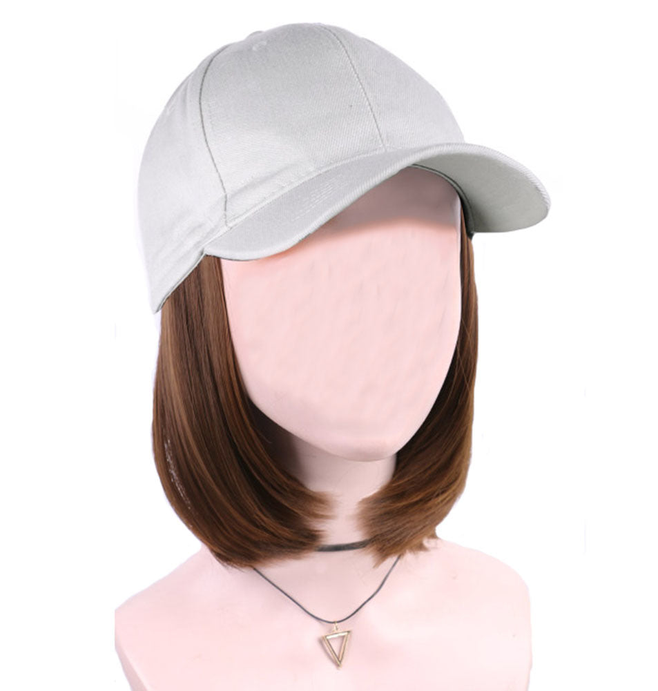 White Baseball Cap with Bob Short Hair Extensions Synthetic Adjustable Cap Wig, Brown Wig Cap