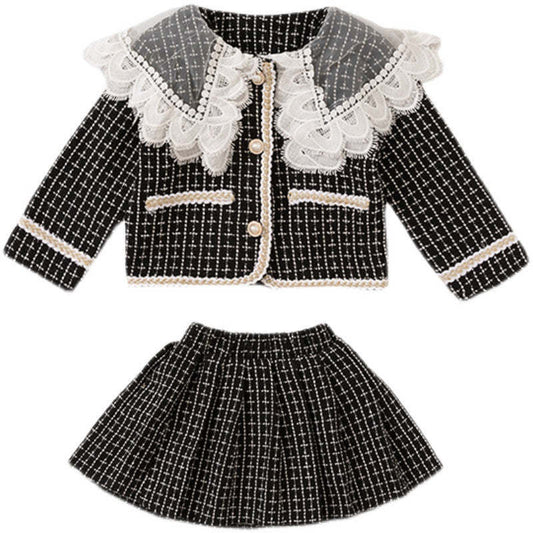 Baby Girl Plaid Pattern Mesh Patchwork Design Lapel Cardigan Combo Pleated Skirt Chanel's Style Sets