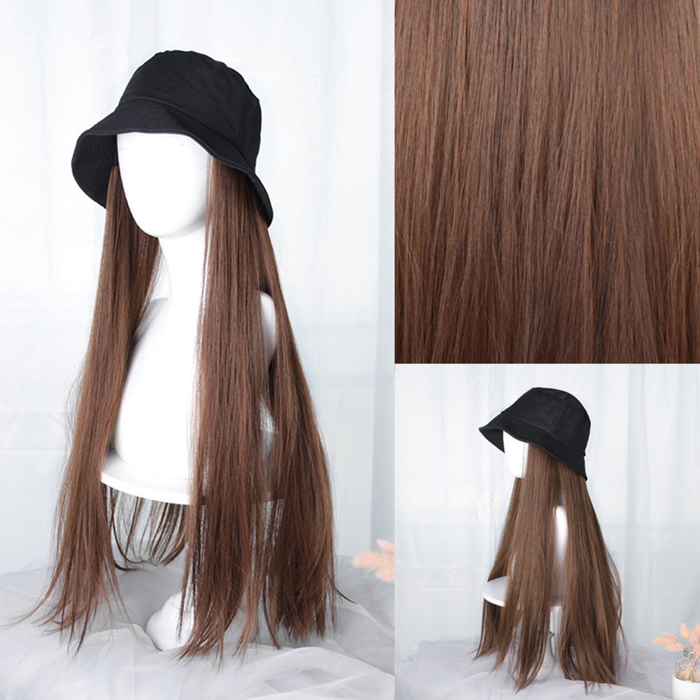 Brown Long Straight Hair With Bucket Hat Hair Extension Wig Hat for Women Girls Wig Cap