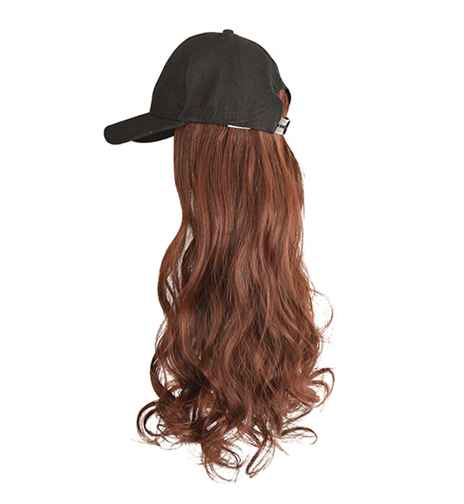 Baseball Cap with Dark Brown Synthetic Long Wavy Hair Attached for Womens Adjustable Wig Cap