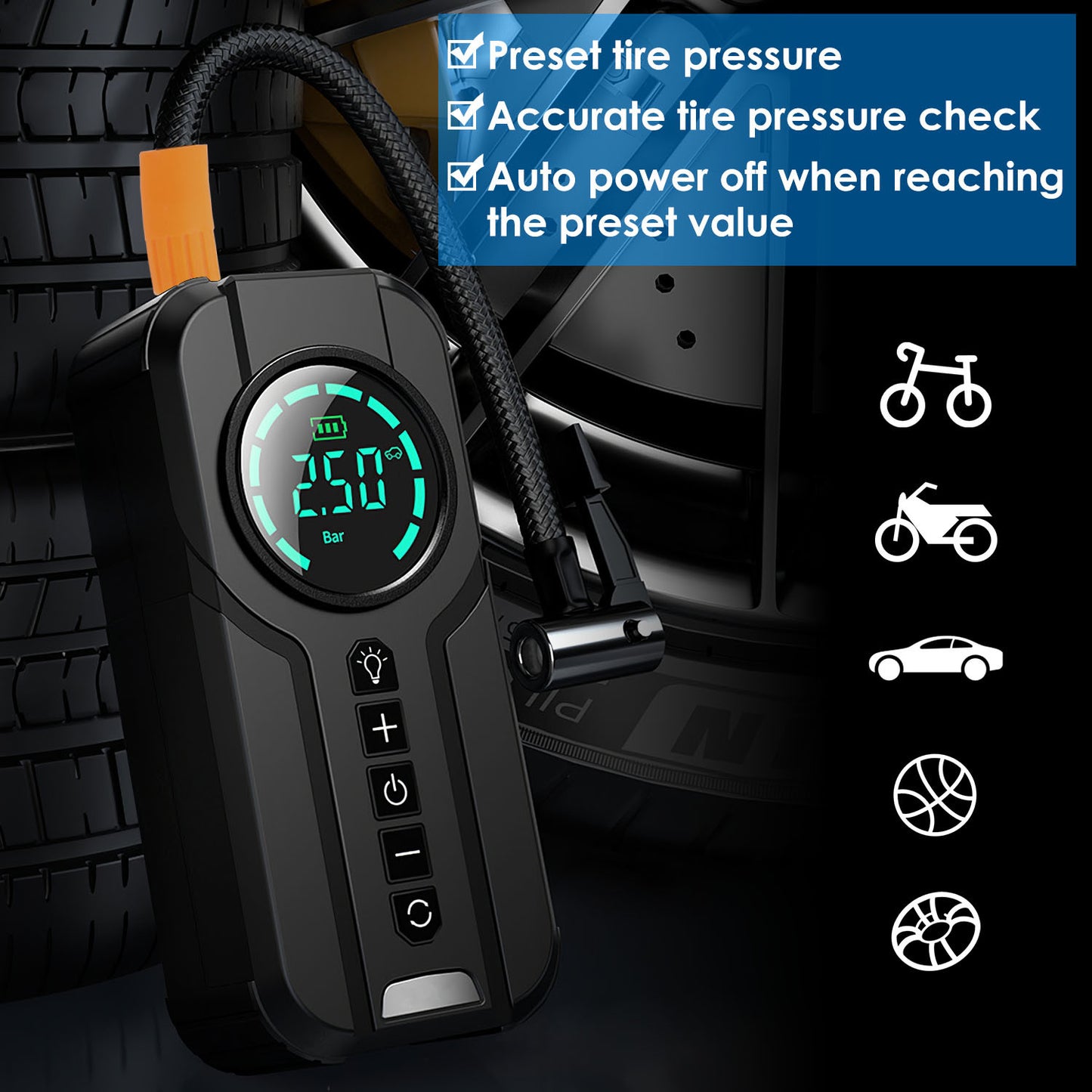 Car Tire Inflator Pump Portable Car Air Compressor Wireless Electric Air Pump 150 PSI with LED Light